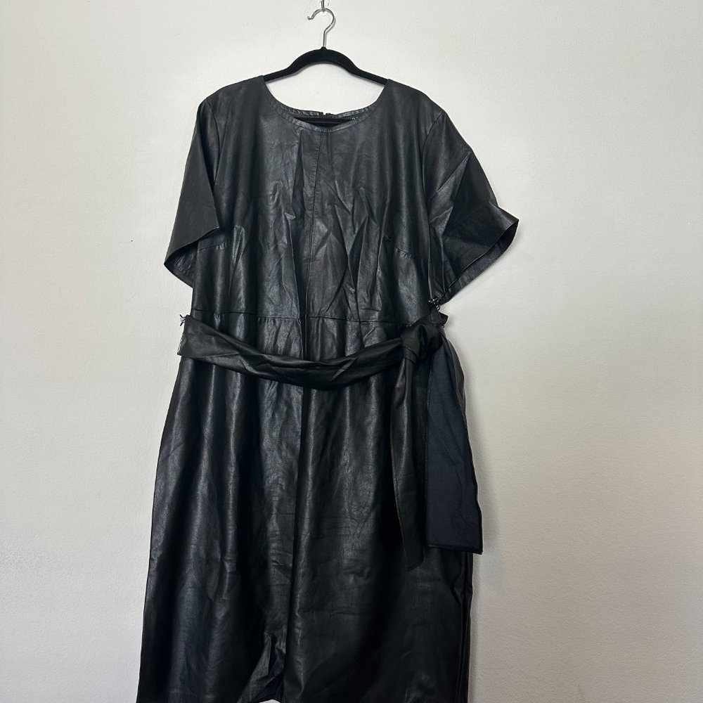 Eloquii Studio Faux Leather Short Sleeve Dress with Tie - Picture 2 of 4